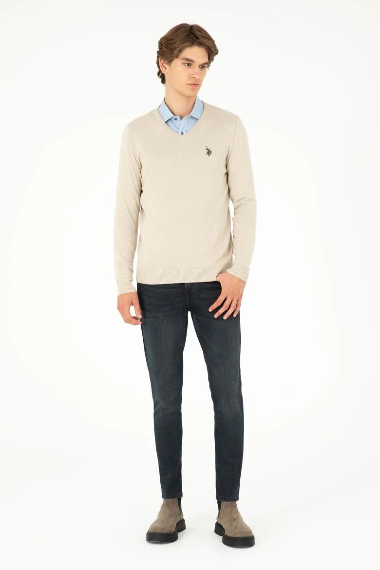 U.S. Polo Men's Slim Fit V-Neck Stone Melange Basic Sweater
