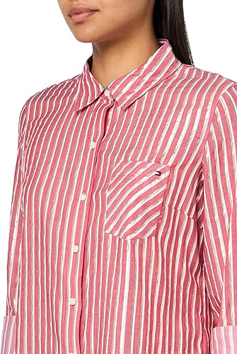 Tommy Hilfiger Women's Collared Long Button Up Shirt with Roll Tab Sleeve