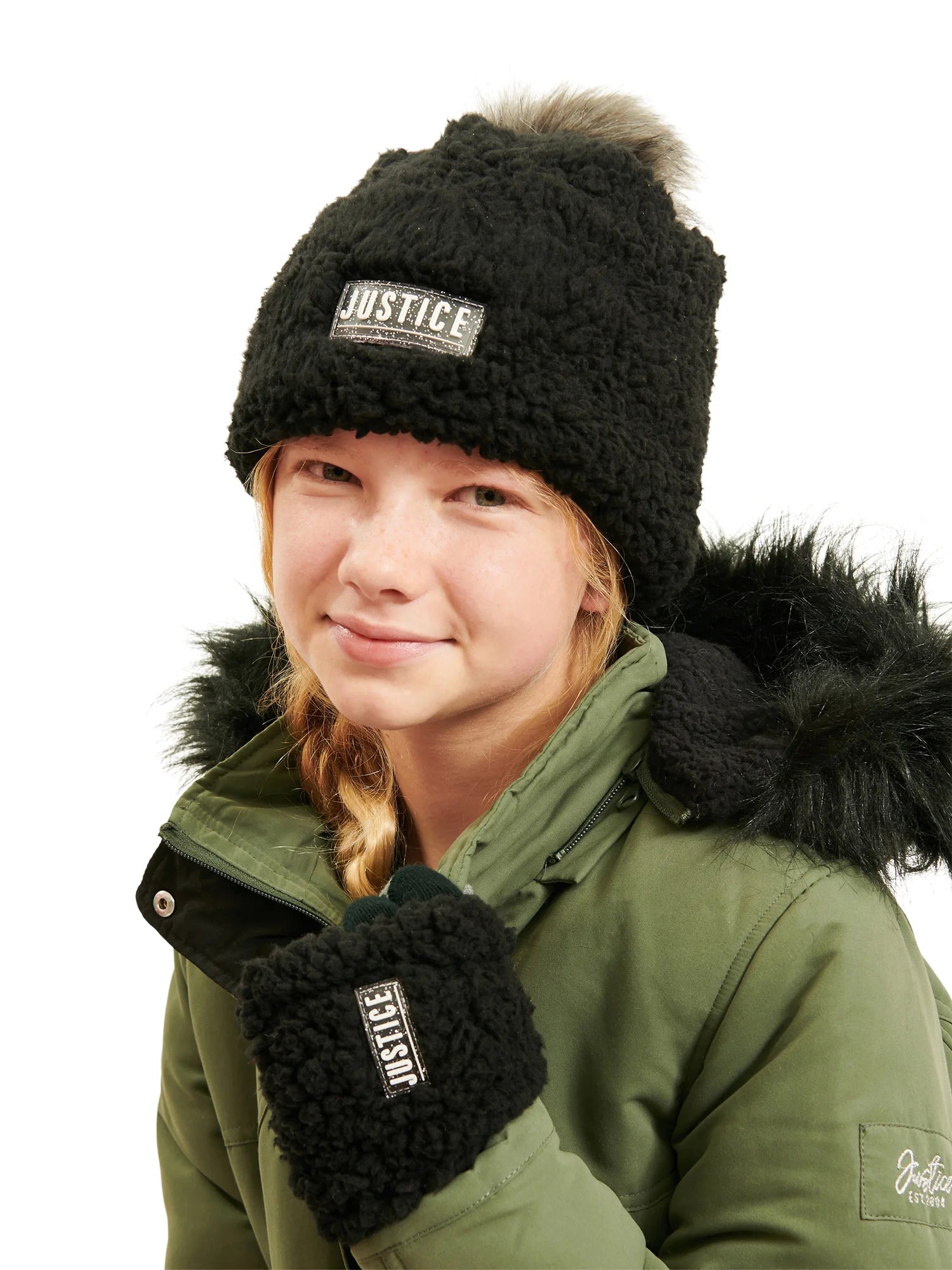 Justice Girls Beanie with Pom and Gloves, 2-Piece Cold Weather Set, One Size