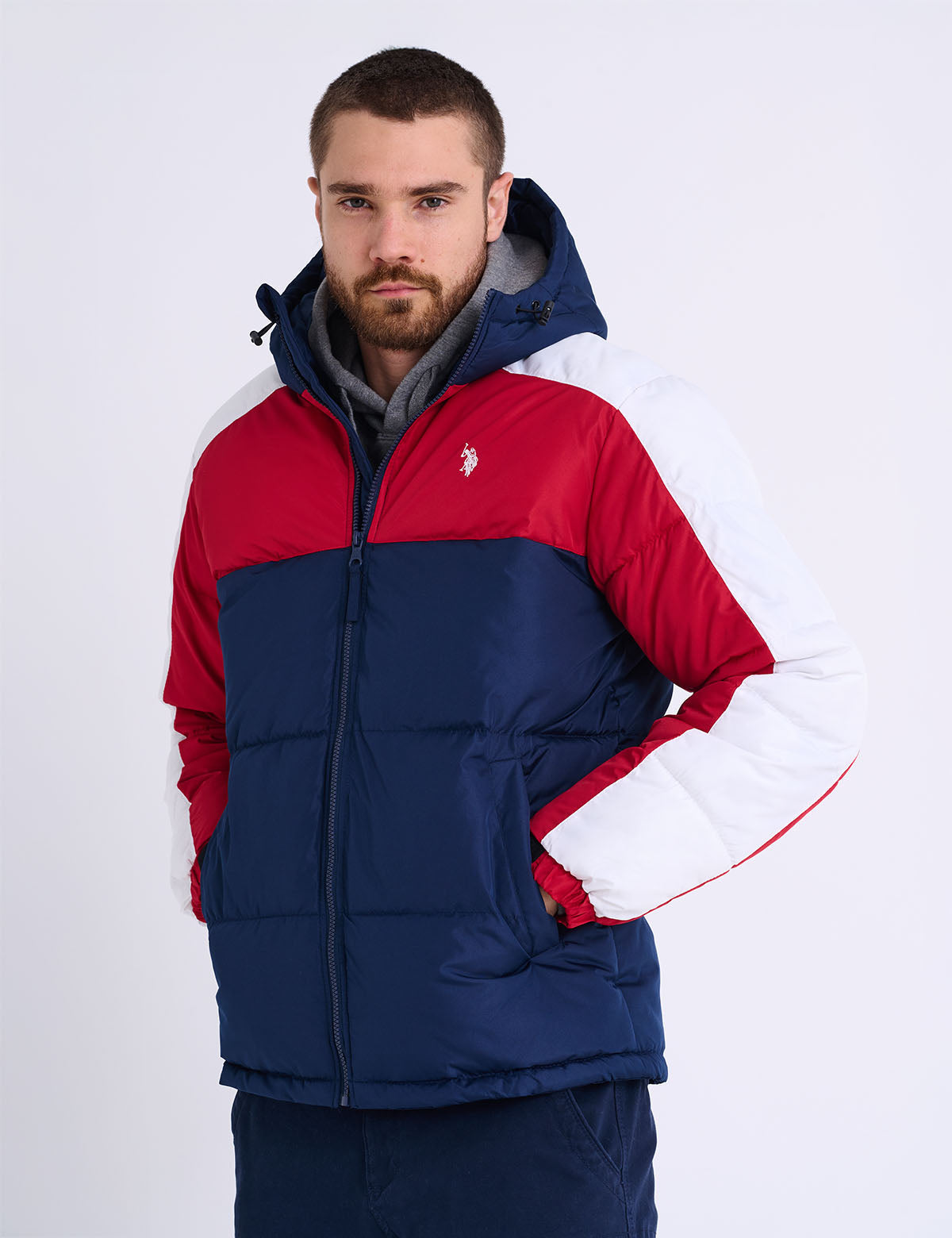 US Polo Assn Tri Color Block Hooded Puffer Jacket - HIPPO US Brands US. POLO ASSN