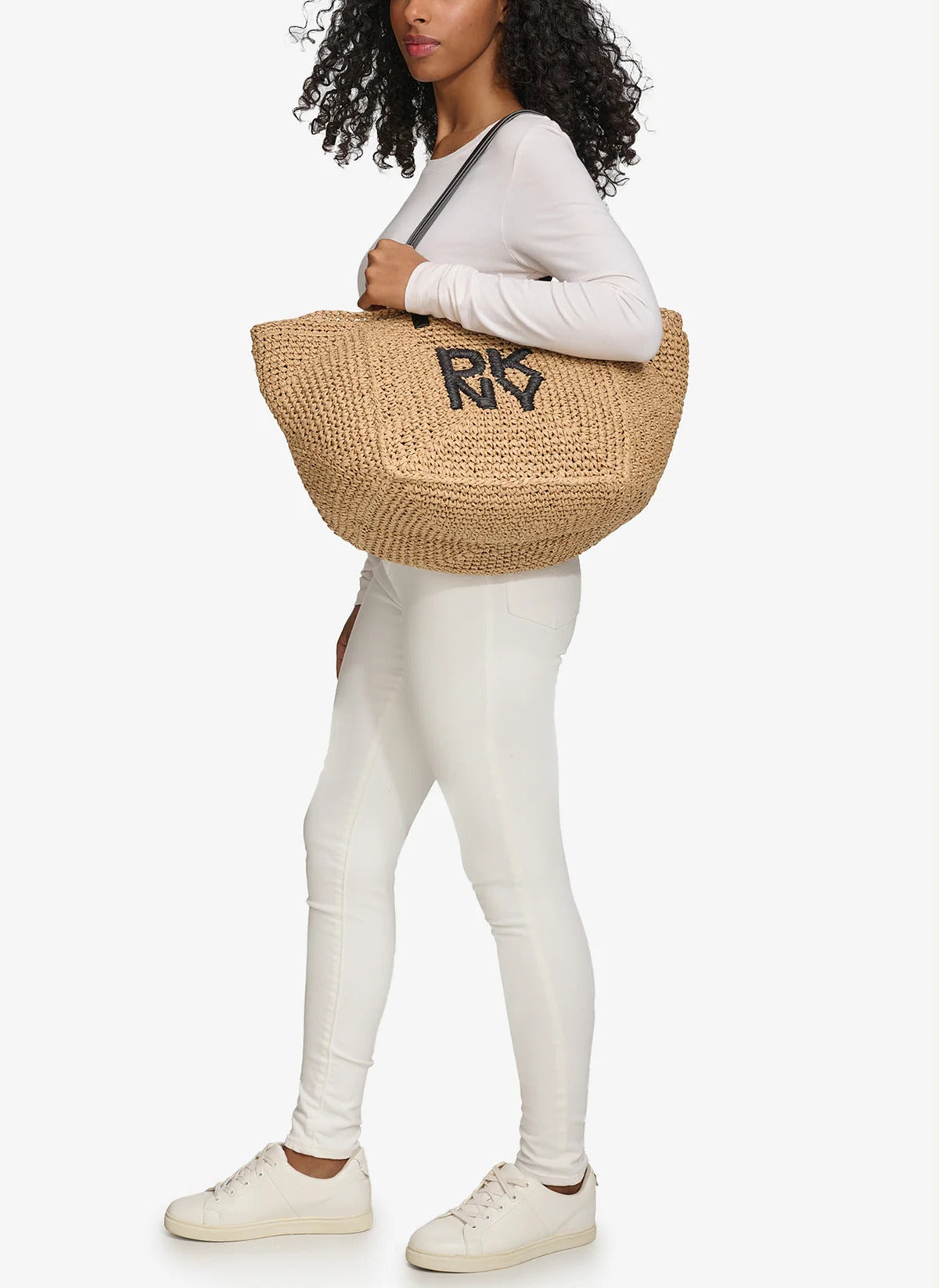 DKNY PALOMA CROCHET STRAW LOGO TOTE