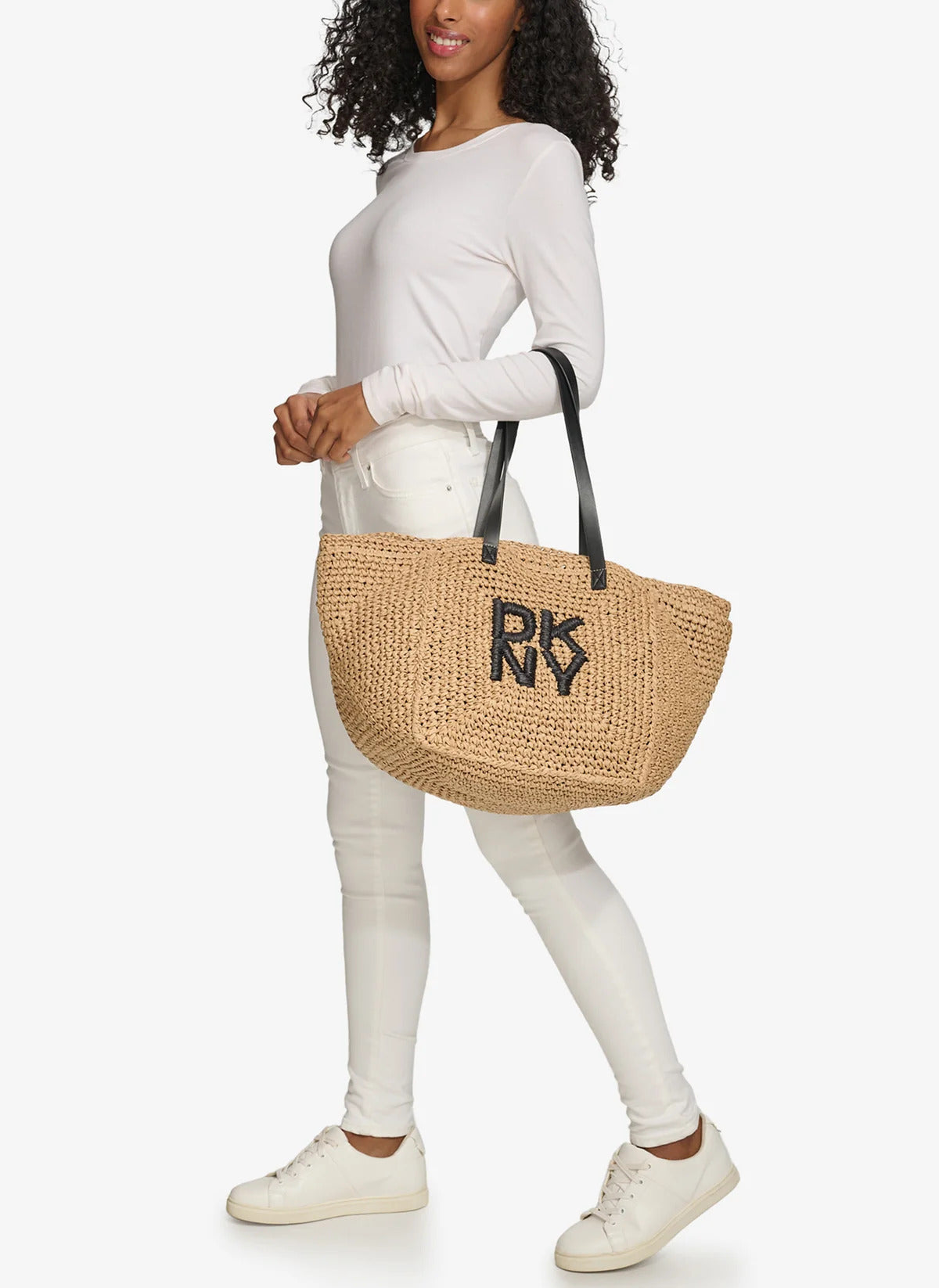 DKNY PALOMA CROCHET STRAW LOGO TOTE