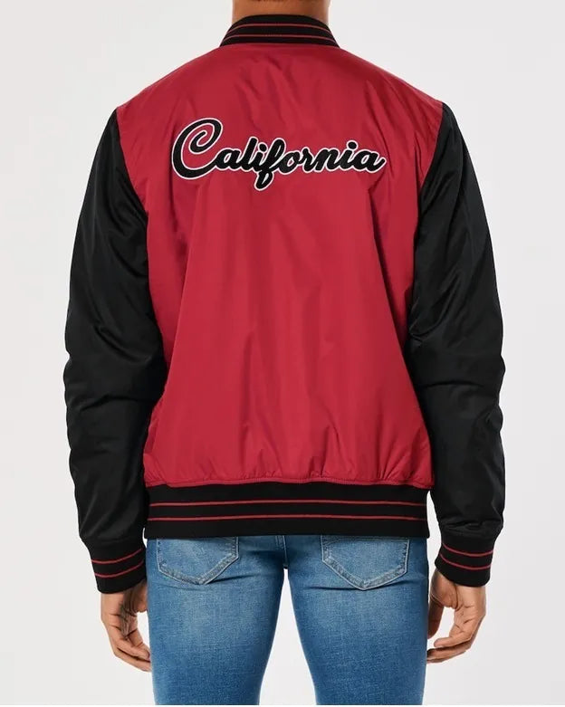 HOLLISTER Men's Red Sherpa-lined Varsity Bomber Jacket
