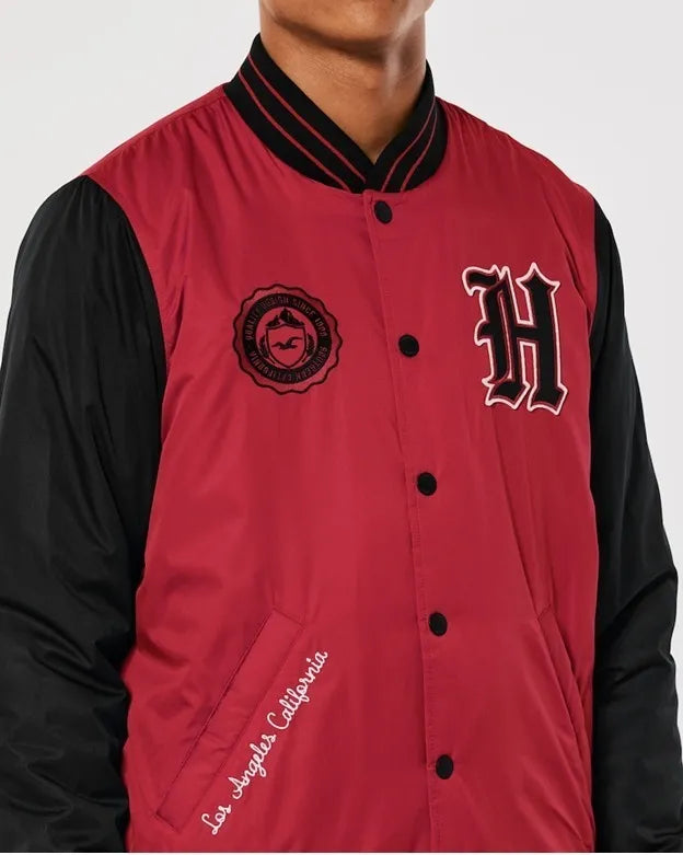 HOLLISTER Men's Red Sherpa-lined Varsity Bomber Jacket