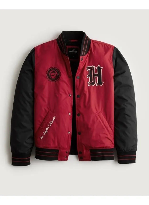 HOLLISTER Men's Red Sherpa-lined Varsity Bomber Jacket