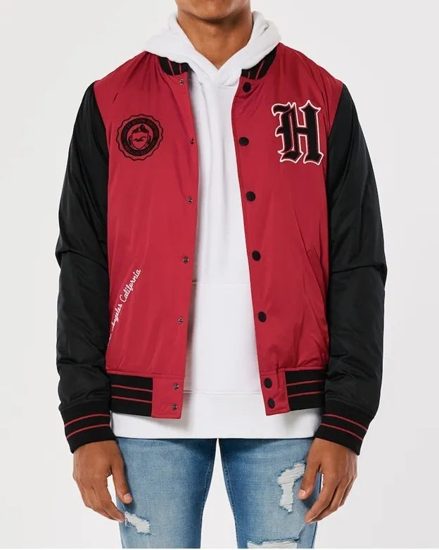 HOLLISTER Men's Red Sherpa-lined Varsity Bomber Jacket