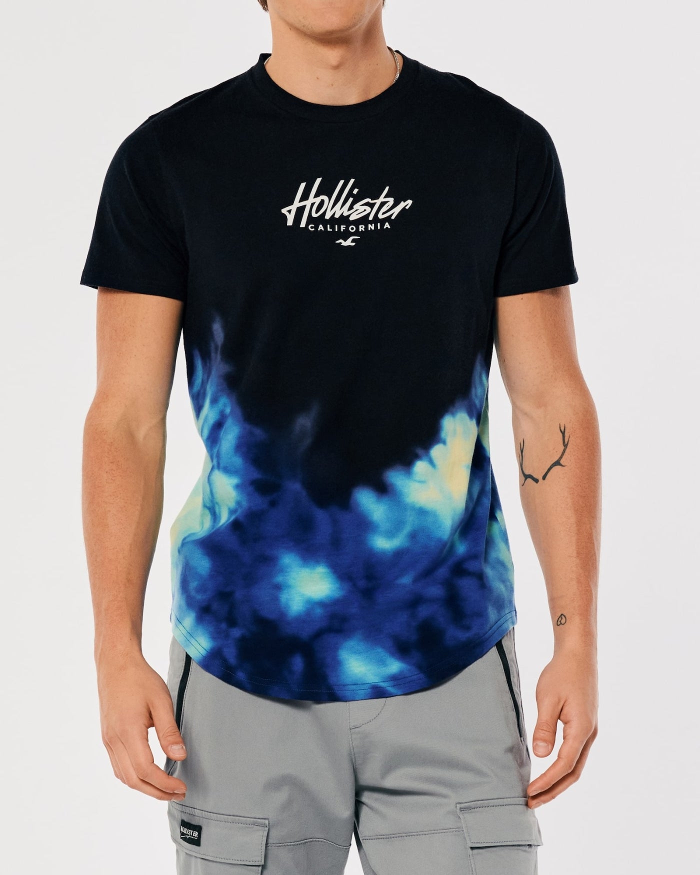Hollister Chest & Back Logo Acid Wash Ombre Longline T-shirt