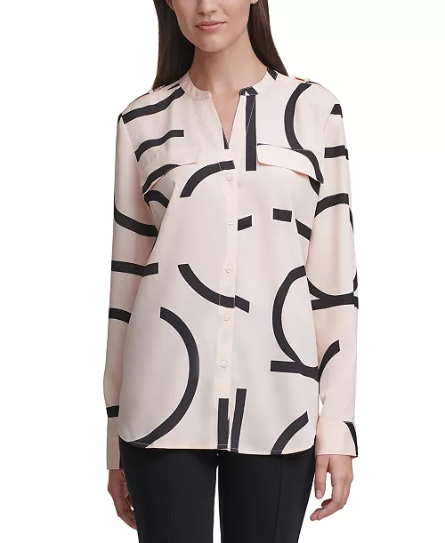 CALVIN KLEIN Long Sleeve Logo Button Front Blouse In Blush/black