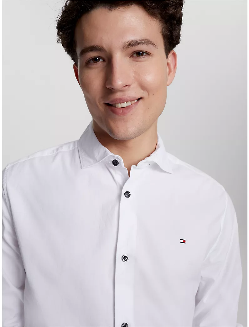 TOMMY HILFIGER Men's Slim Fit Plain Stretch Cotton Poplin Long Sleeve Shirt