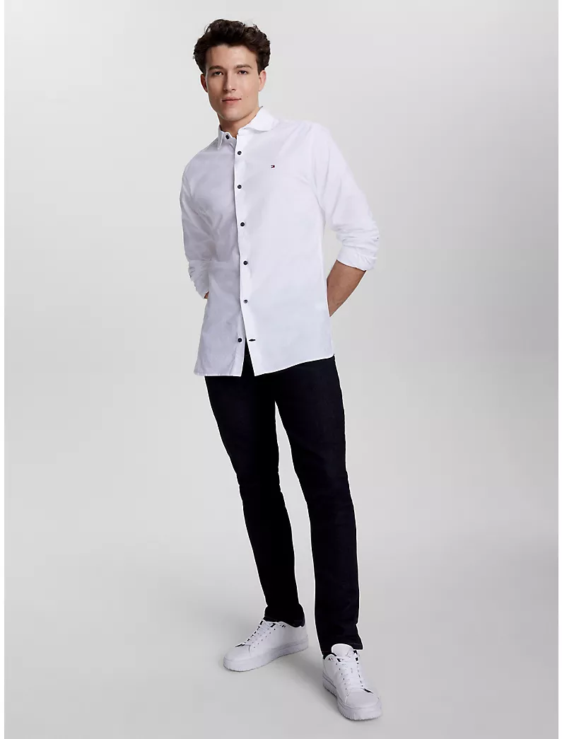 TOMMY HILFIGER Men's Slim Fit Plain Stretch Cotton Poplin Long Sleeve Shirt