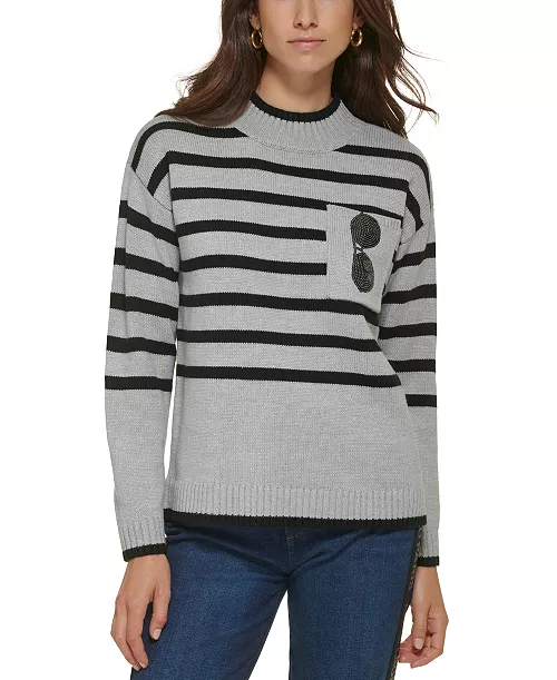 Karl Lagerfeld Paris Sweater Women Large Black Grey Stripe Pullover Sunglasses