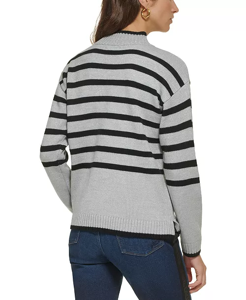 Karl Lagerfeld Paris Sweater Women Large Black Grey Stripe Pullover Sunglasses - HIPPO US Brands Karl Lagerfeld Paris