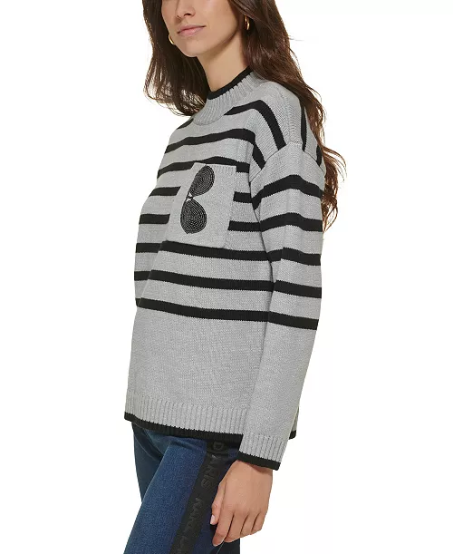Karl Lagerfeld Paris Sweater Women Large Black Grey Stripe Pullover Sunglasses