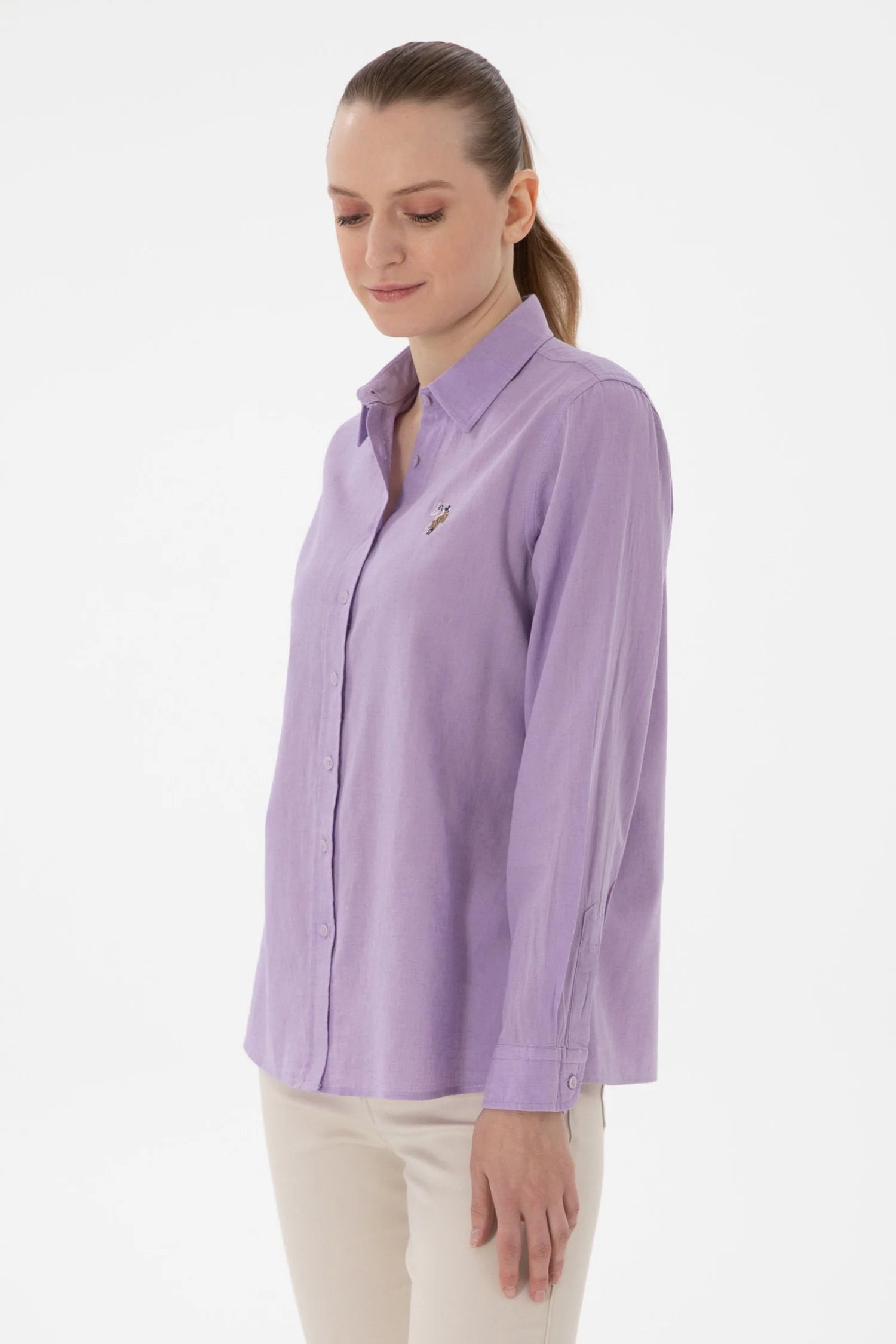 US. POLO ASSN Women's Lilac Linen Blend Long Sleeve Basic Shirt