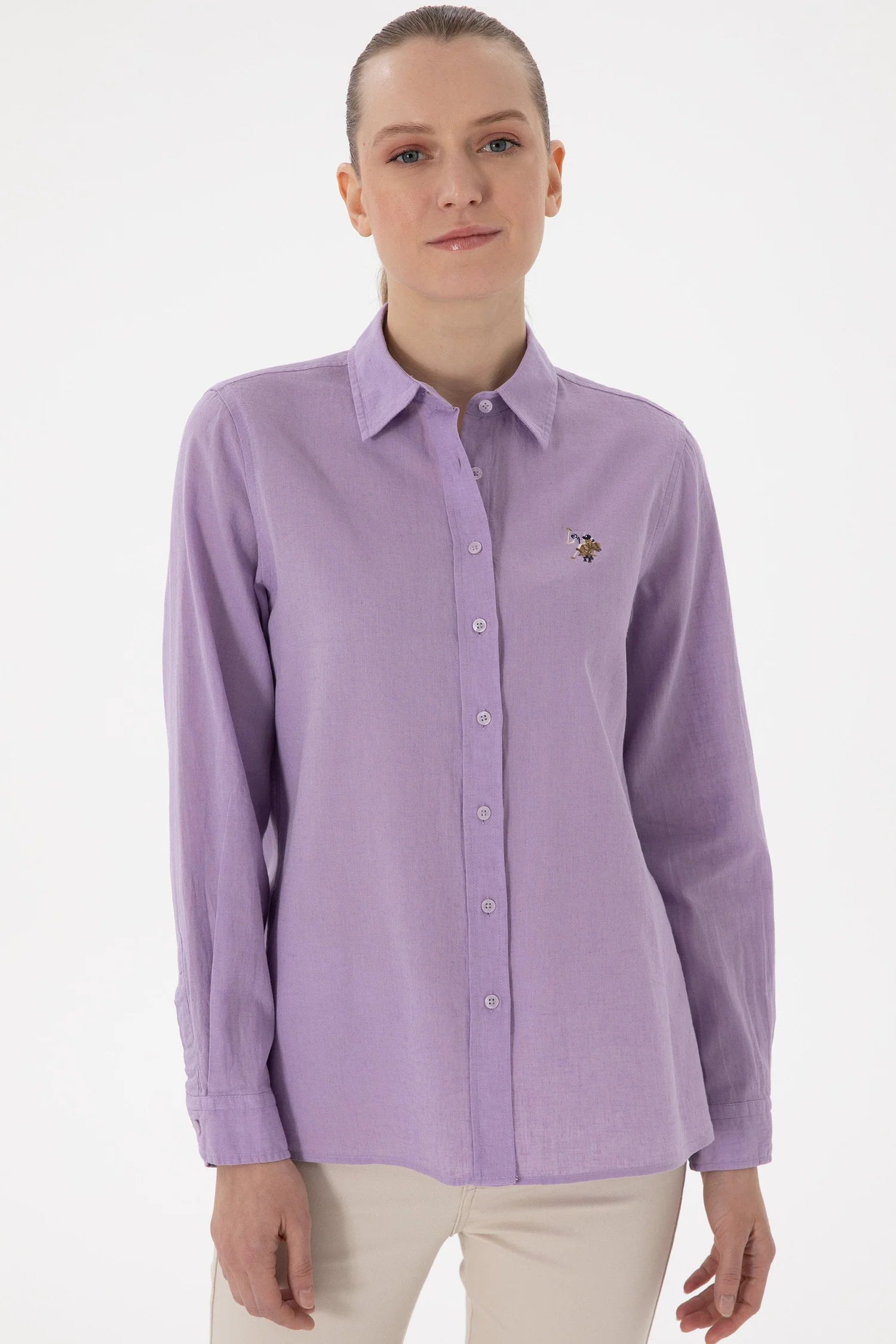 US. POLO ASSN Women's Lilac Linen Blend Long Sleeve Basic Shirt
