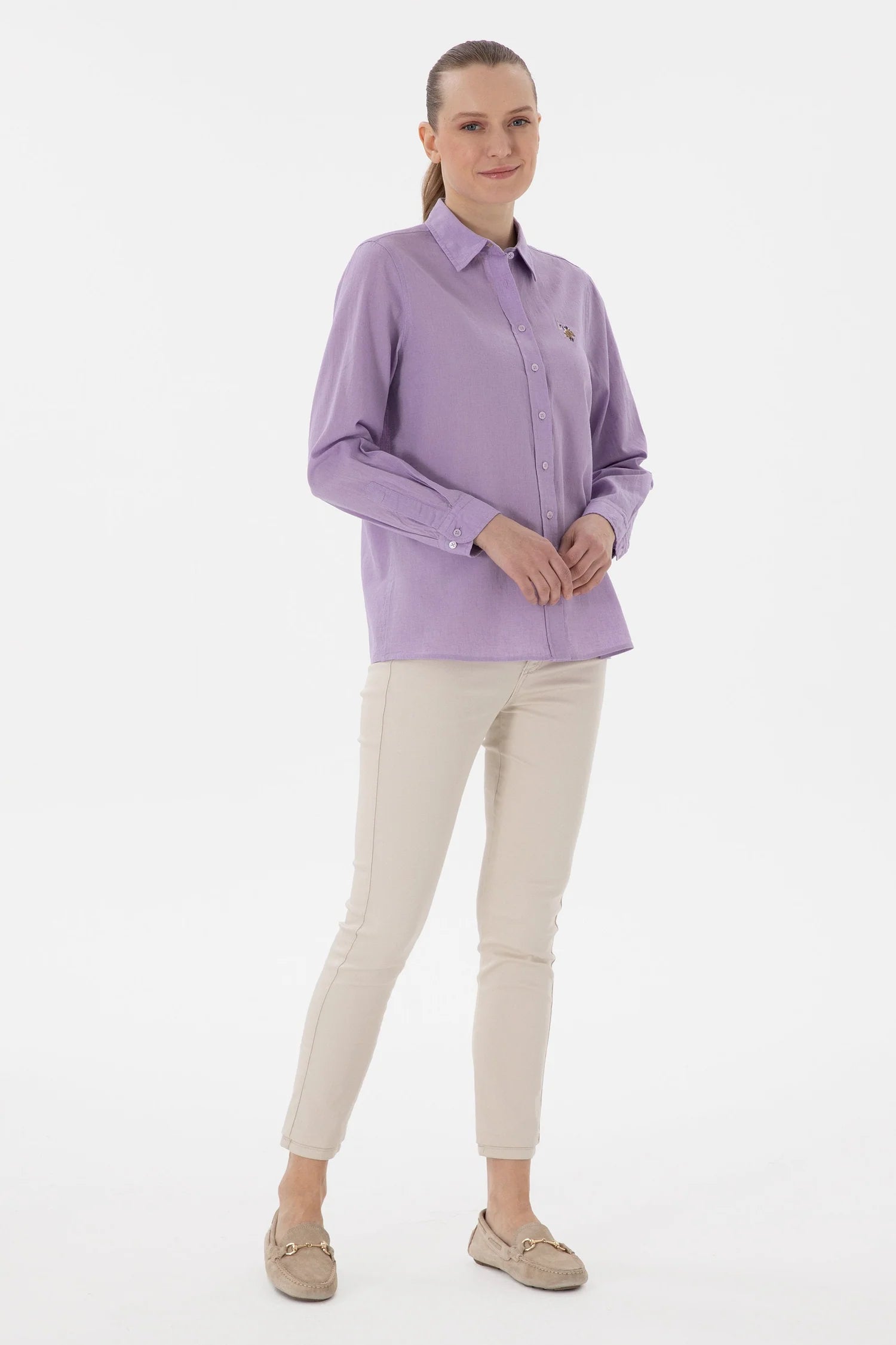 US. POLO ASSN Women's Lilac Linen Blend Long Sleeve Basic Shirt
