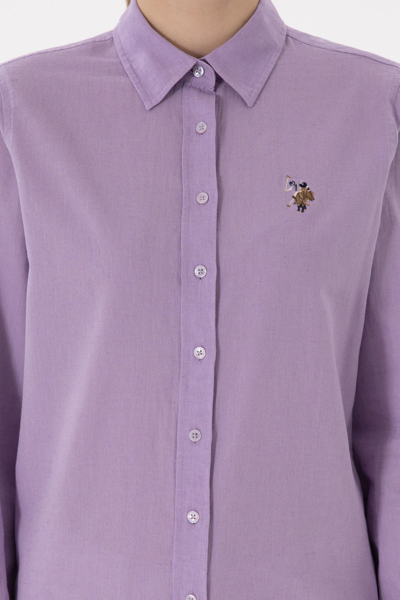 US. POLO ASSN Women's Lilac Linen Blend Long Sleeve Basic Shirt