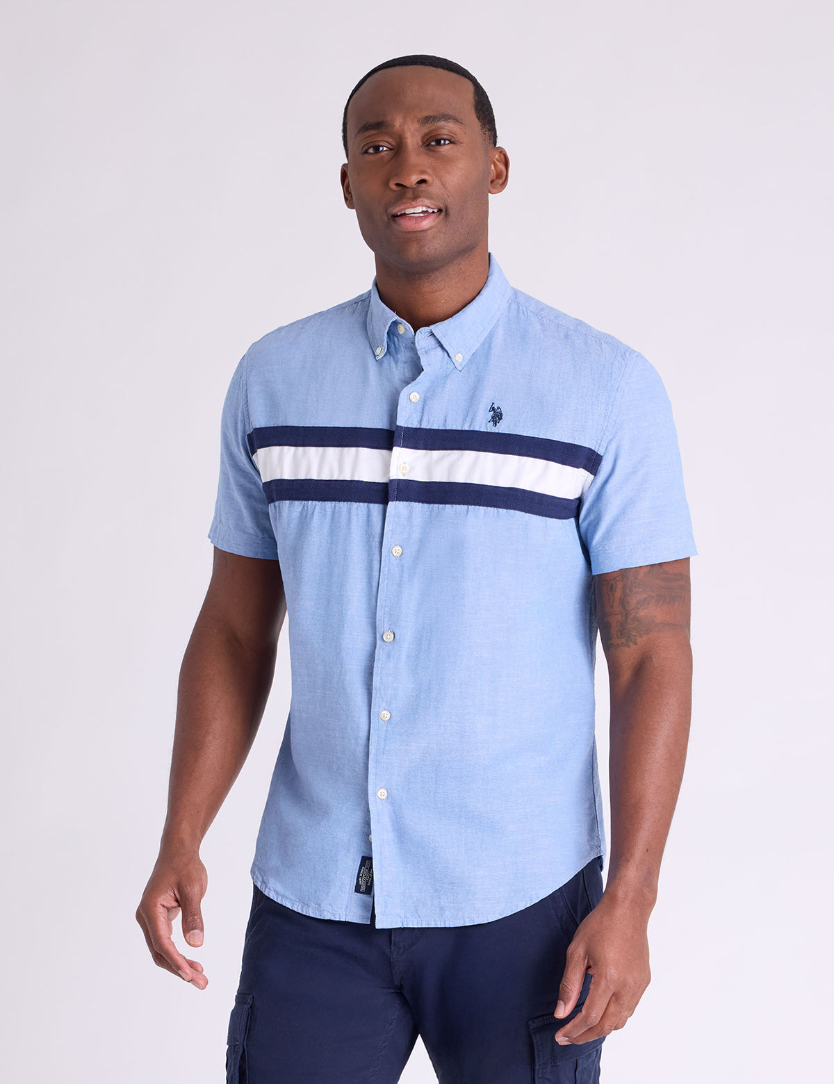 USPA Short Sleeve Chest Stripe Slub Champray Shirt - HIPPO US Brands US. POLO ASSN