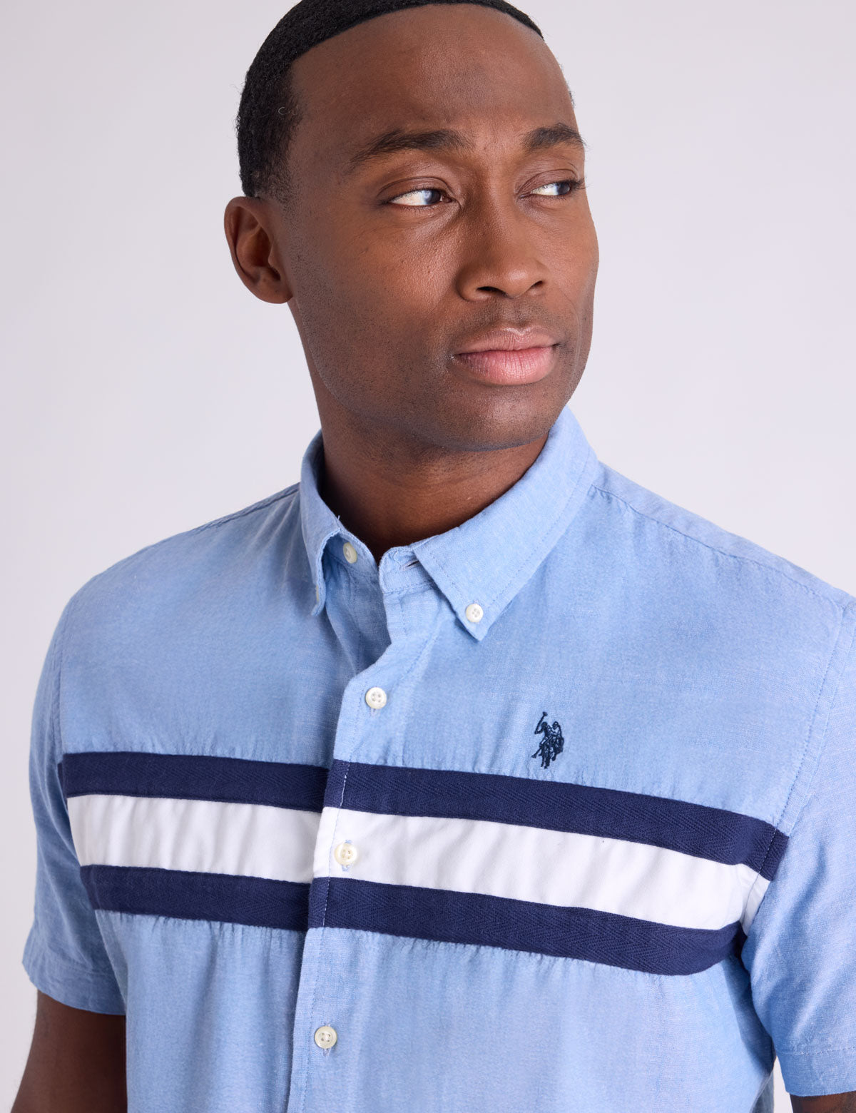 USPA Short Sleeve Chest Stripe Slub Champray Shirt - HIPPO US Brands US. POLO ASSN