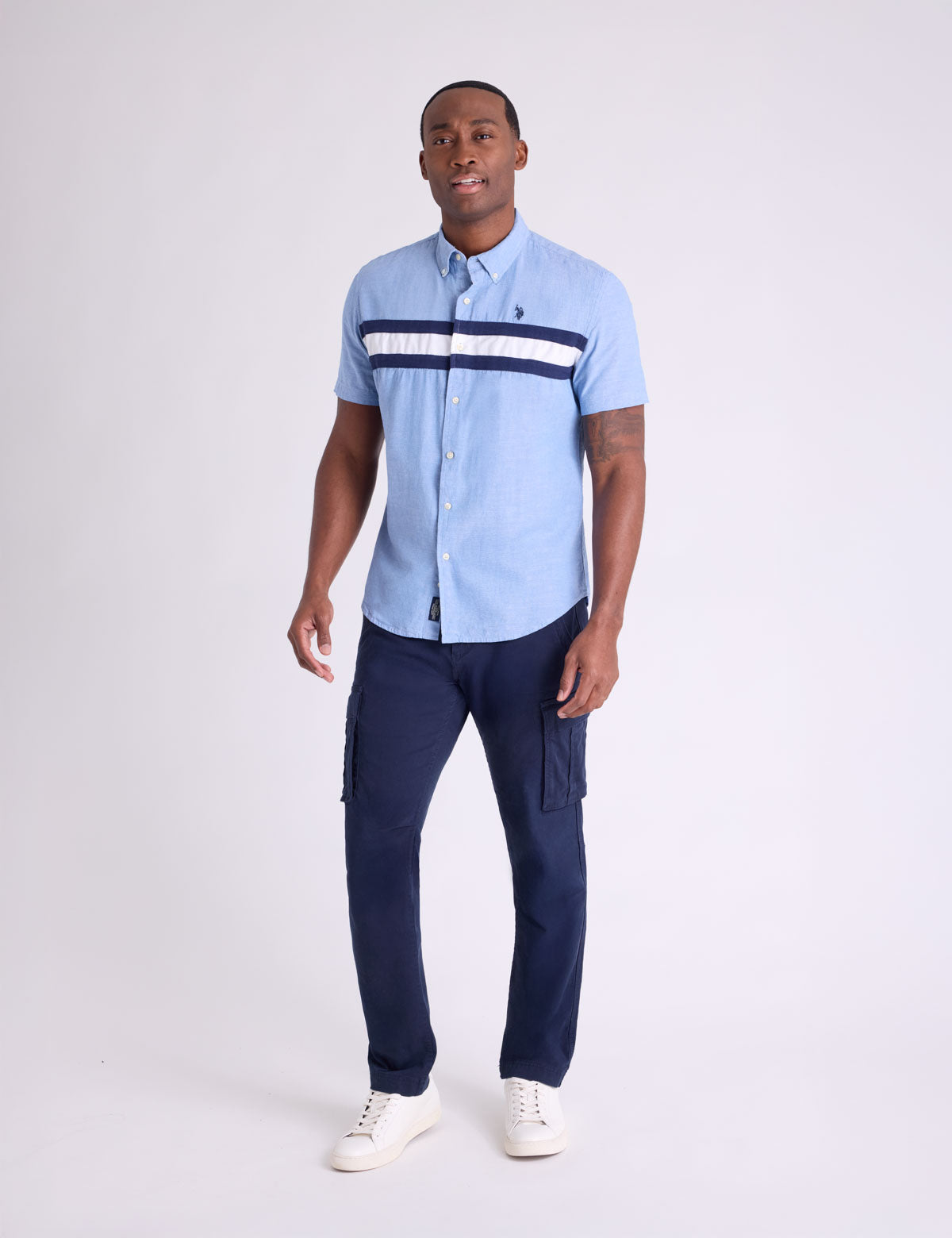USPA Short Sleeve Chest Stripe Slub Champray Shirt - HIPPO US Brands US. POLO ASSN