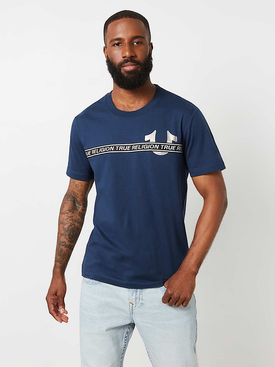 TRUE RELIGION  SILVER Foil Taping Short Sleeve T Shirt