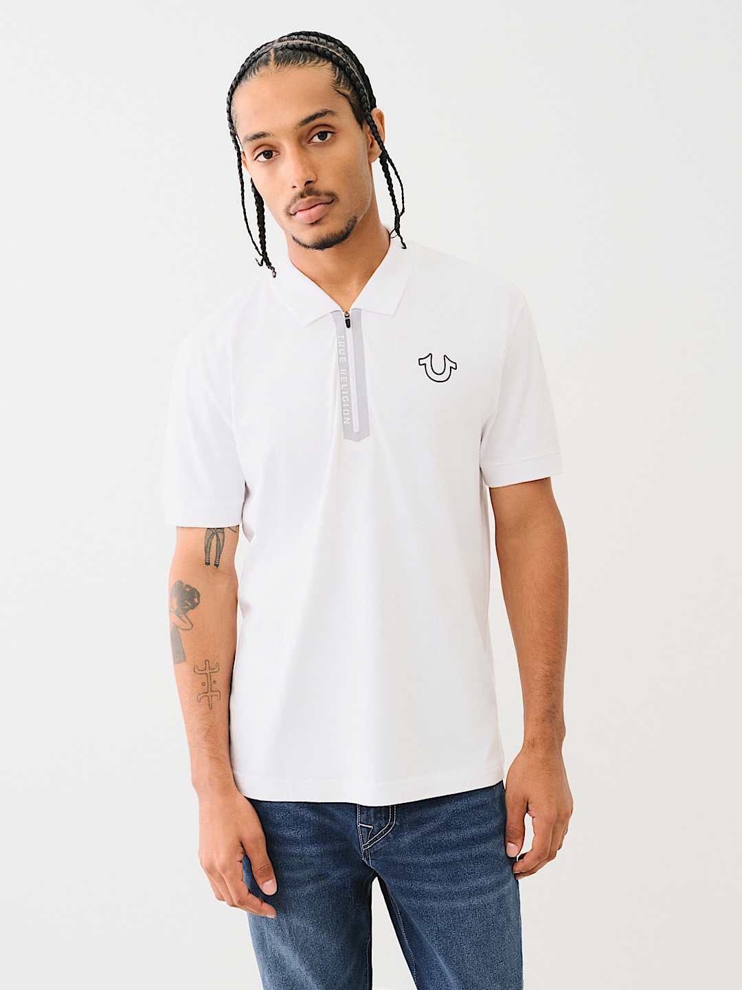 TRUE RELIGION Ribbon Logo Zip-Up Polo Shirt