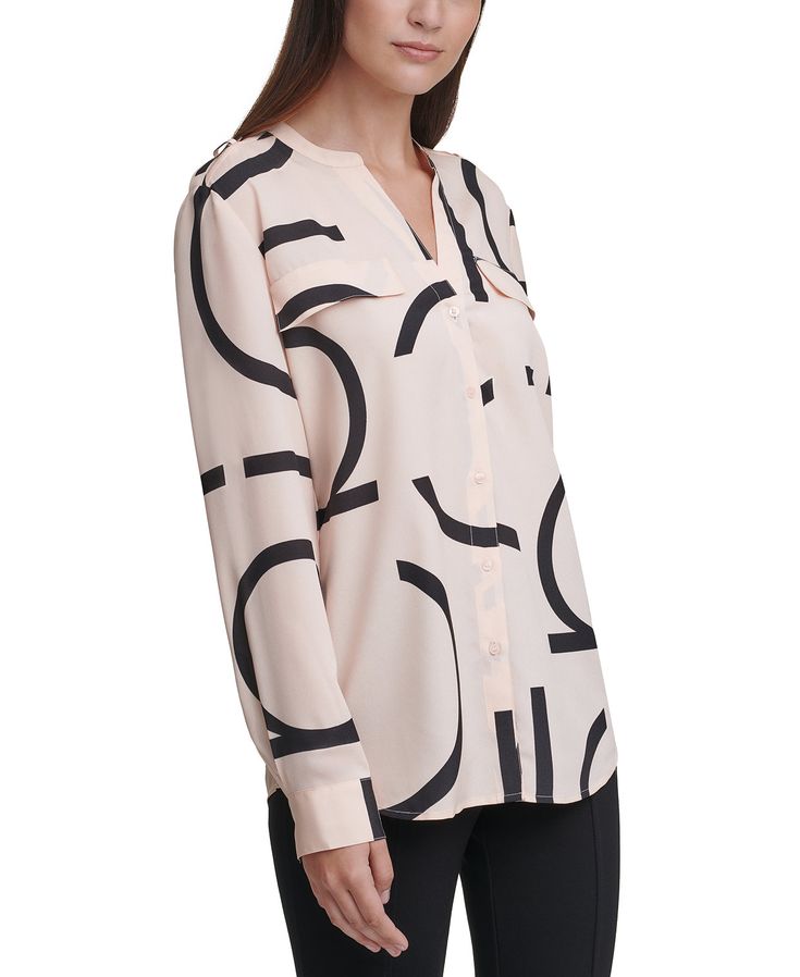CALVIN KLEIN Long Sleeve Logo Button Front Blouse In Blush/black