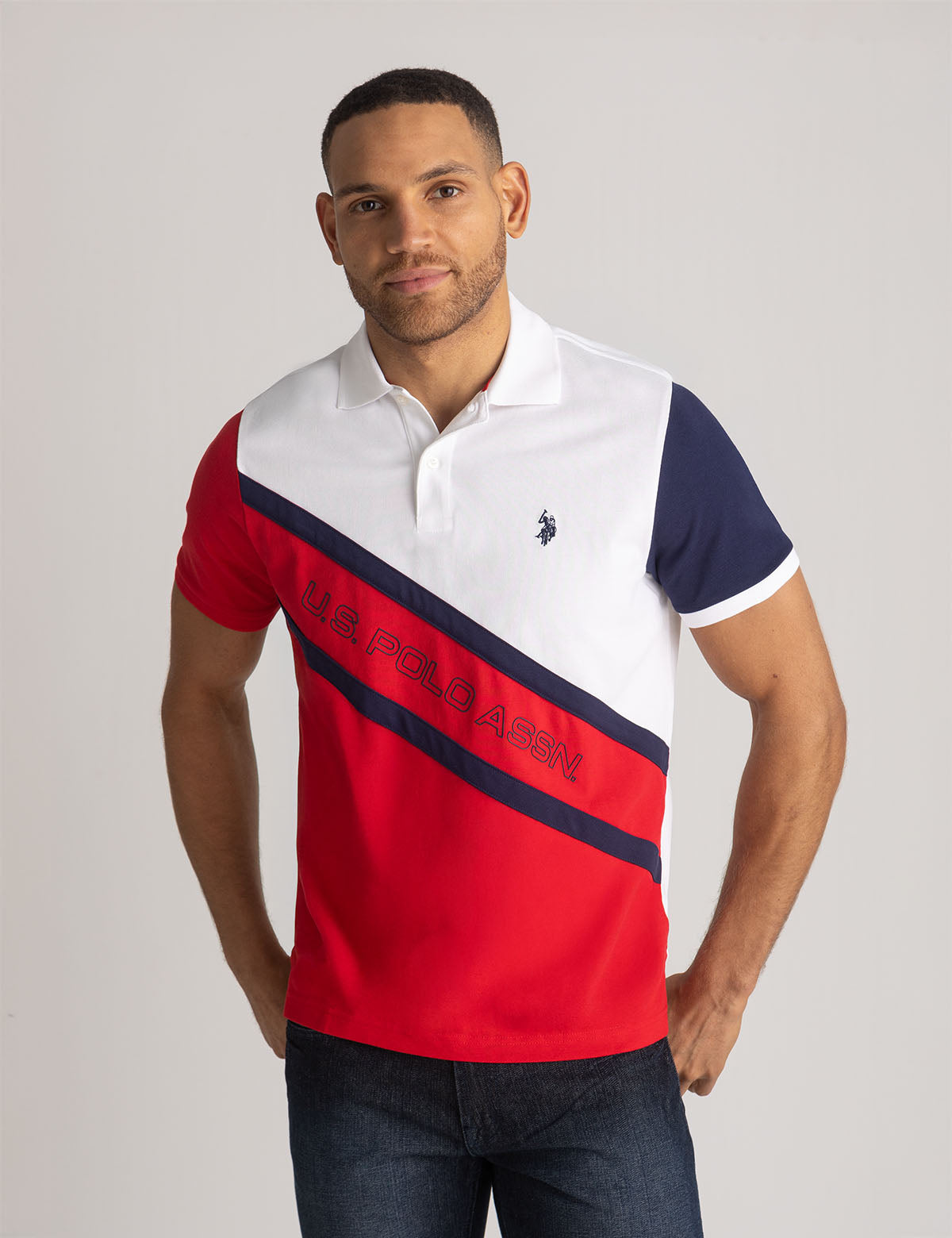 U.S. POLO ASS. COLOR BLOCK DOUBLE DIAGONAL SASH POLO SHIRT