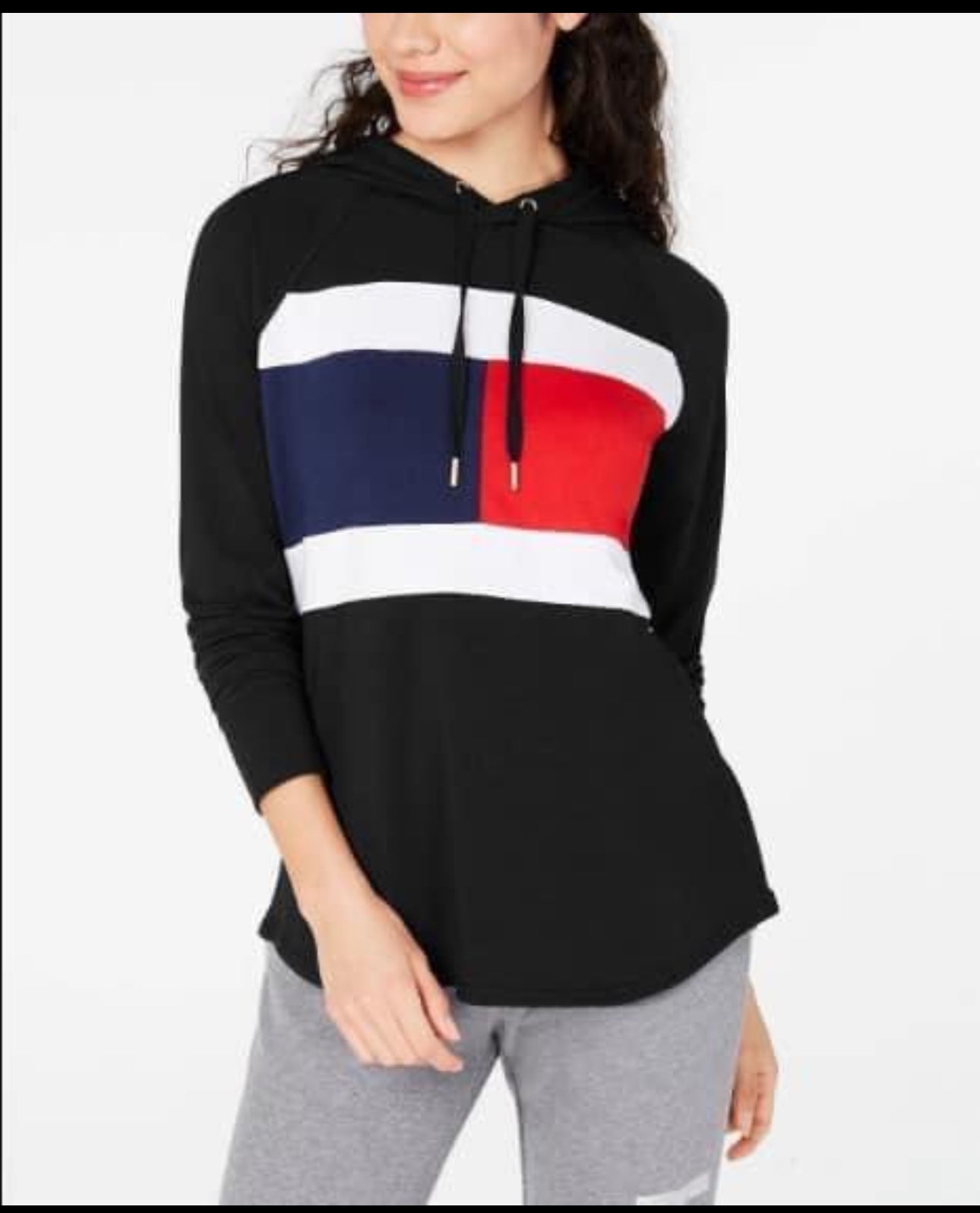 TOMMY HILFIGER Womens Black Color Block Long Sleeve Hoodie Top