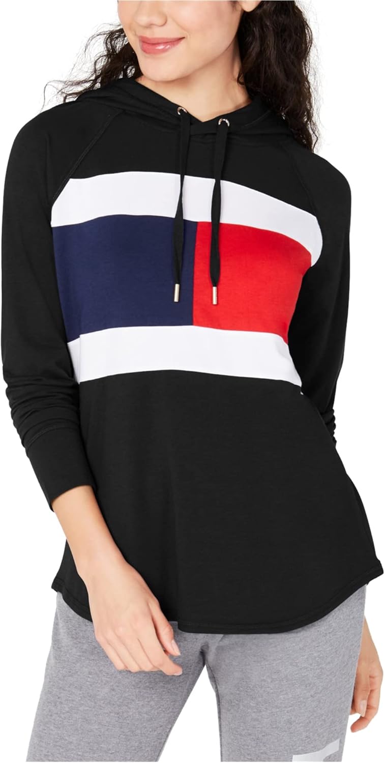 TOMMY HILFIGER Womens Black Color Block Long Sleeve Hoodie Top