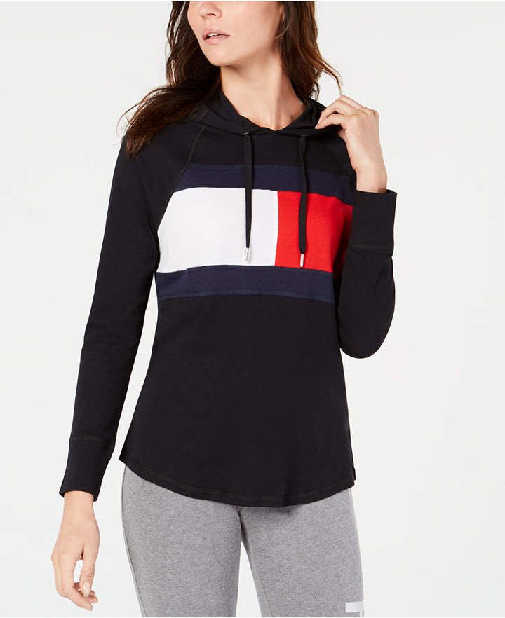 TOMMY HILFIGER Womens Black Color Block Long Sleeve Hoodie Top