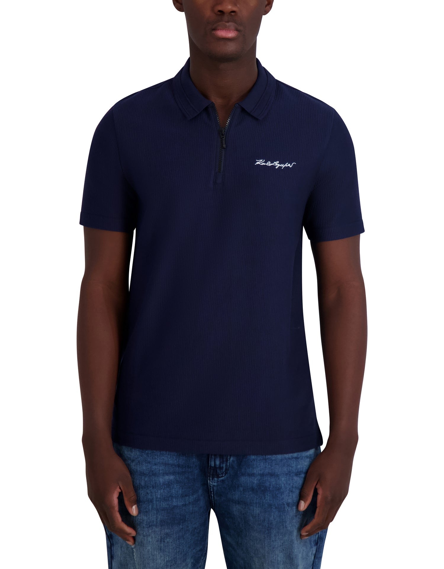 KARL LAGERFELD RIB ZIP SIGNATURE LOGO POLO