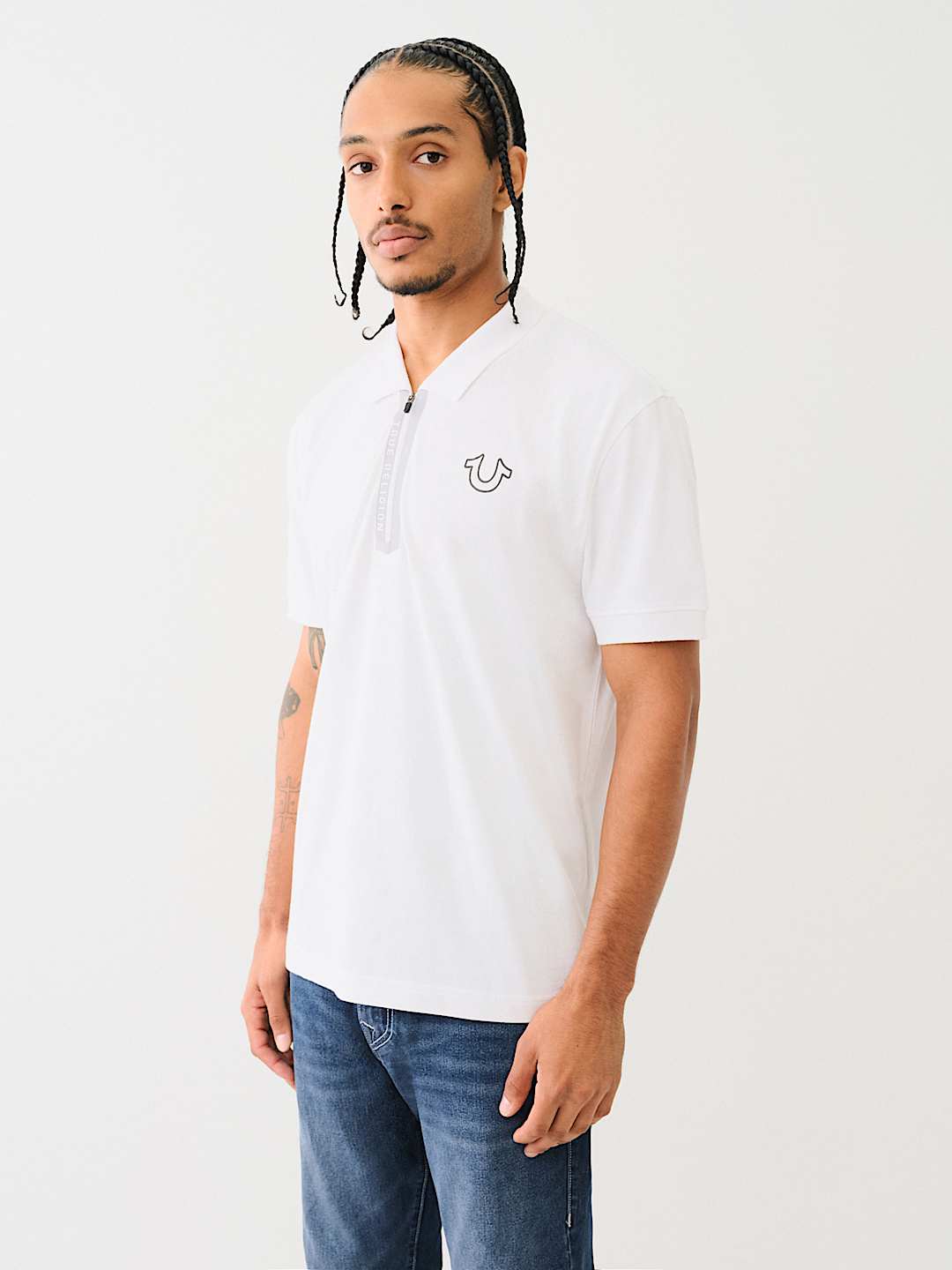 TRUE RELIGION Ribbon Logo Zip-Up Polo Shirt