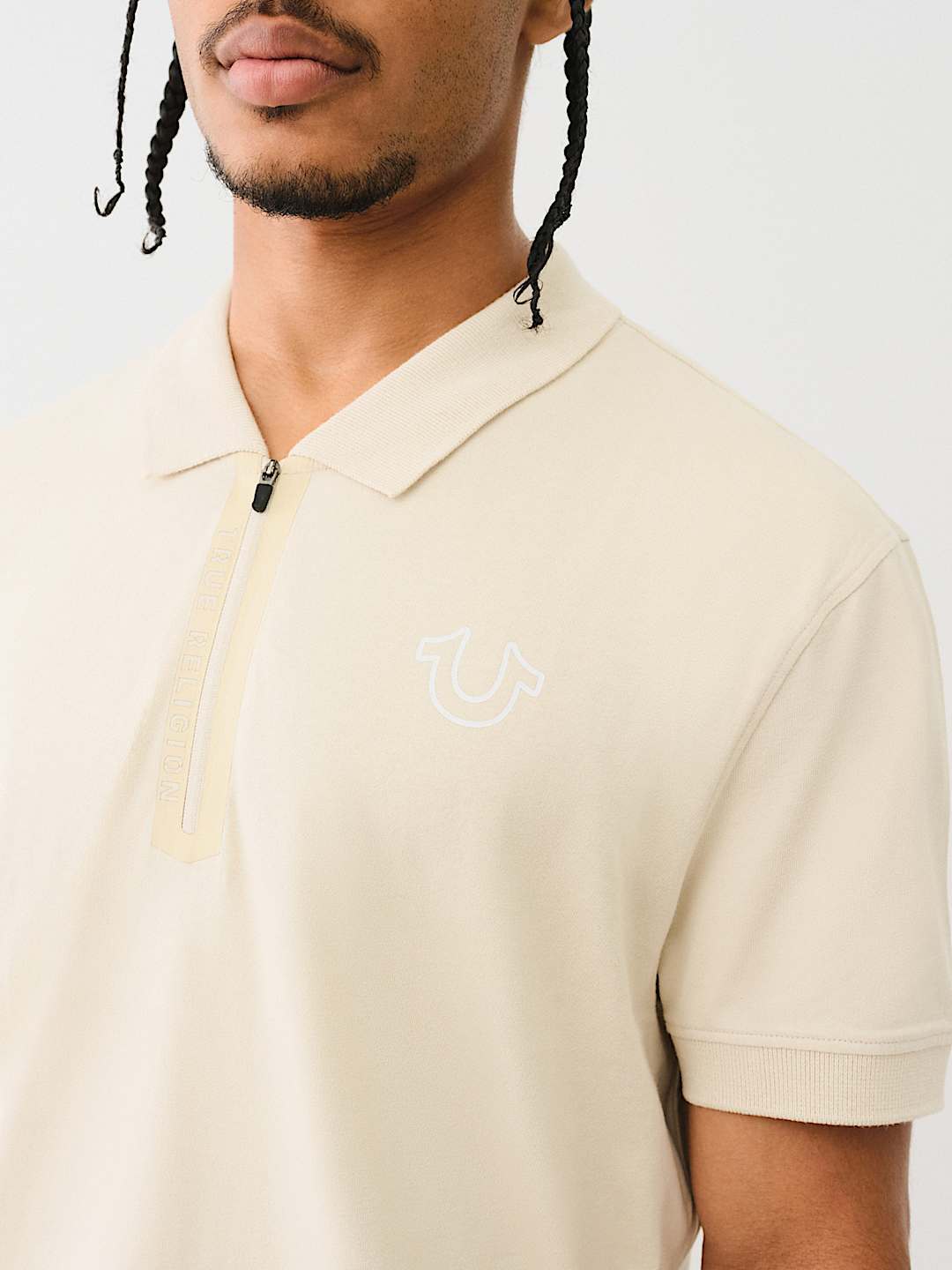 TRUE RELIGION Ribbon Logo Zip-Up Polo Shirt