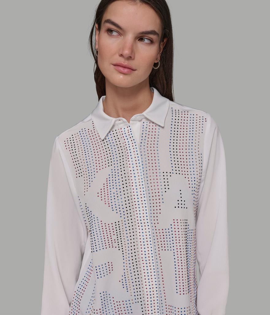 KARL LAGERFELD Women's Embellished Logo Button-front Top In Soft White