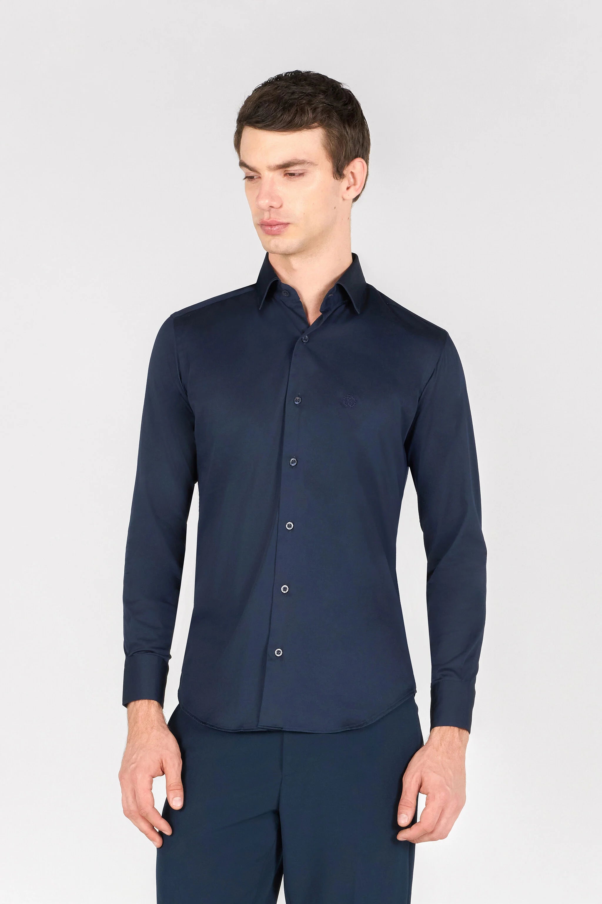 ROBERTO CAVALLI Slim Fit Black Embroidered Logo Dress Shirt