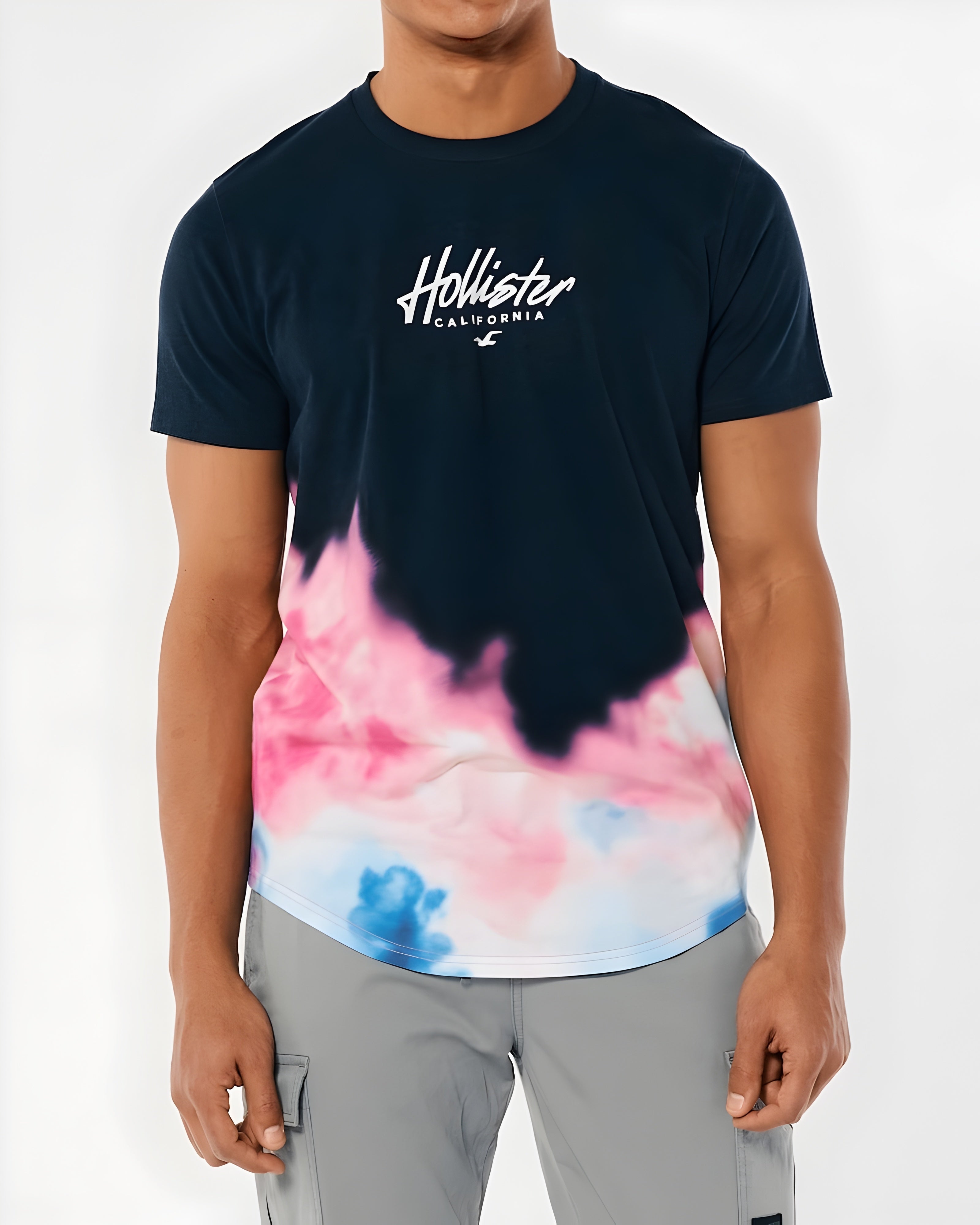 Hollister Chest & Back Logo Acid Wash Ombre Longline T-shirt