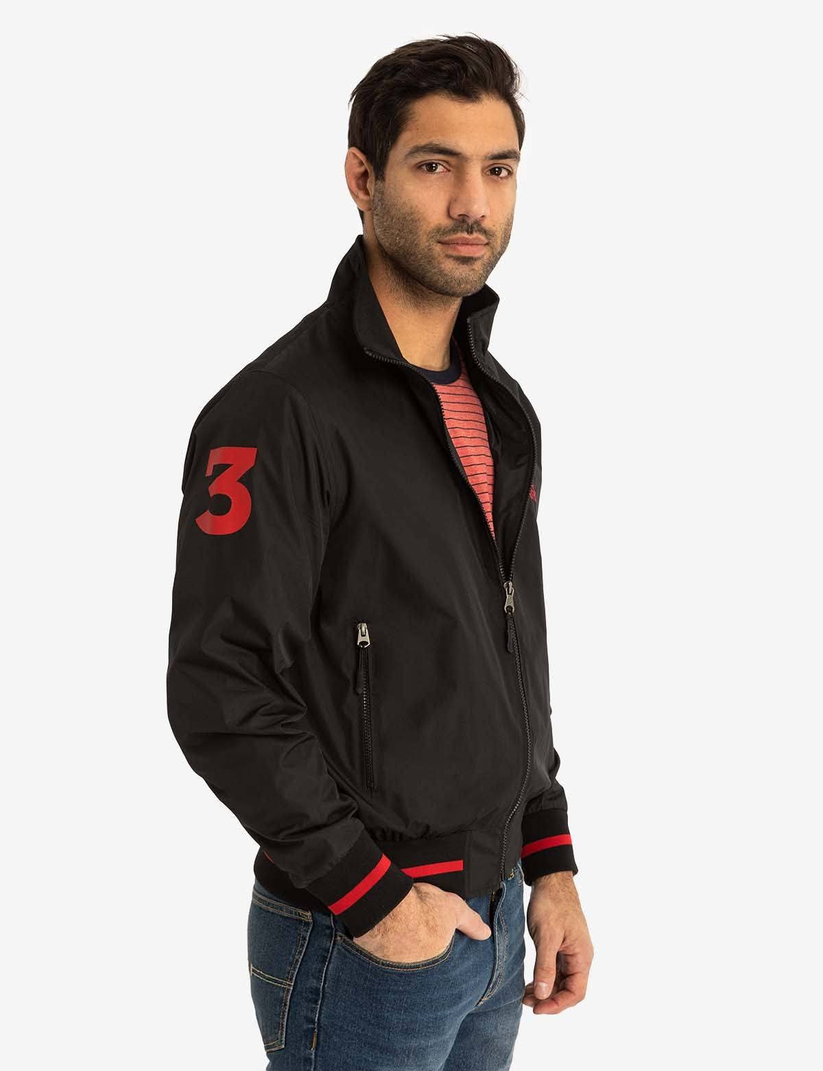 US. POLO ASSN. Men’s Black Bomber Jacket with Red Accents