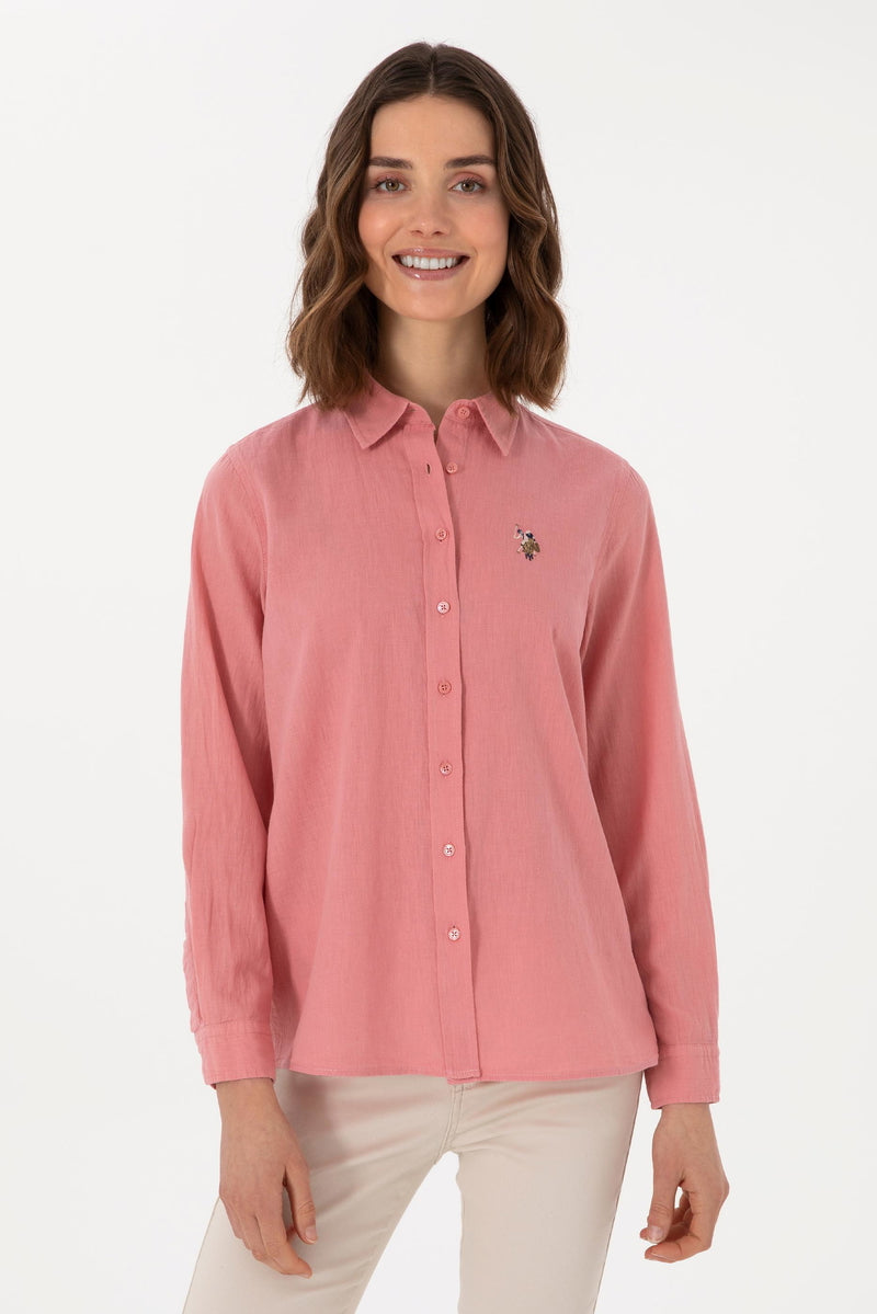 US. POLO ASSN Women's Lilac Linen Blend Long Sleeve Basic Shirt