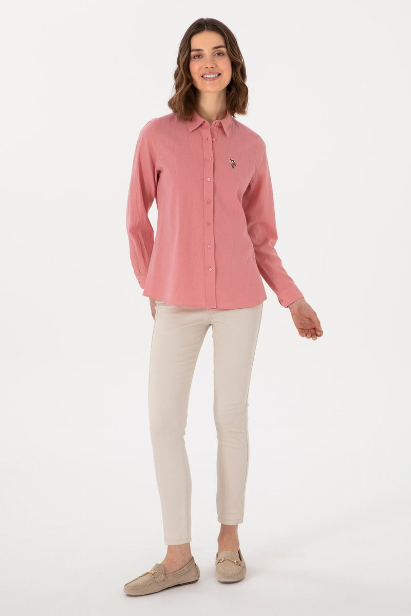 US. POLO ASSN Women's Lilac Linen Blend Long Sleeve Basic Shirt