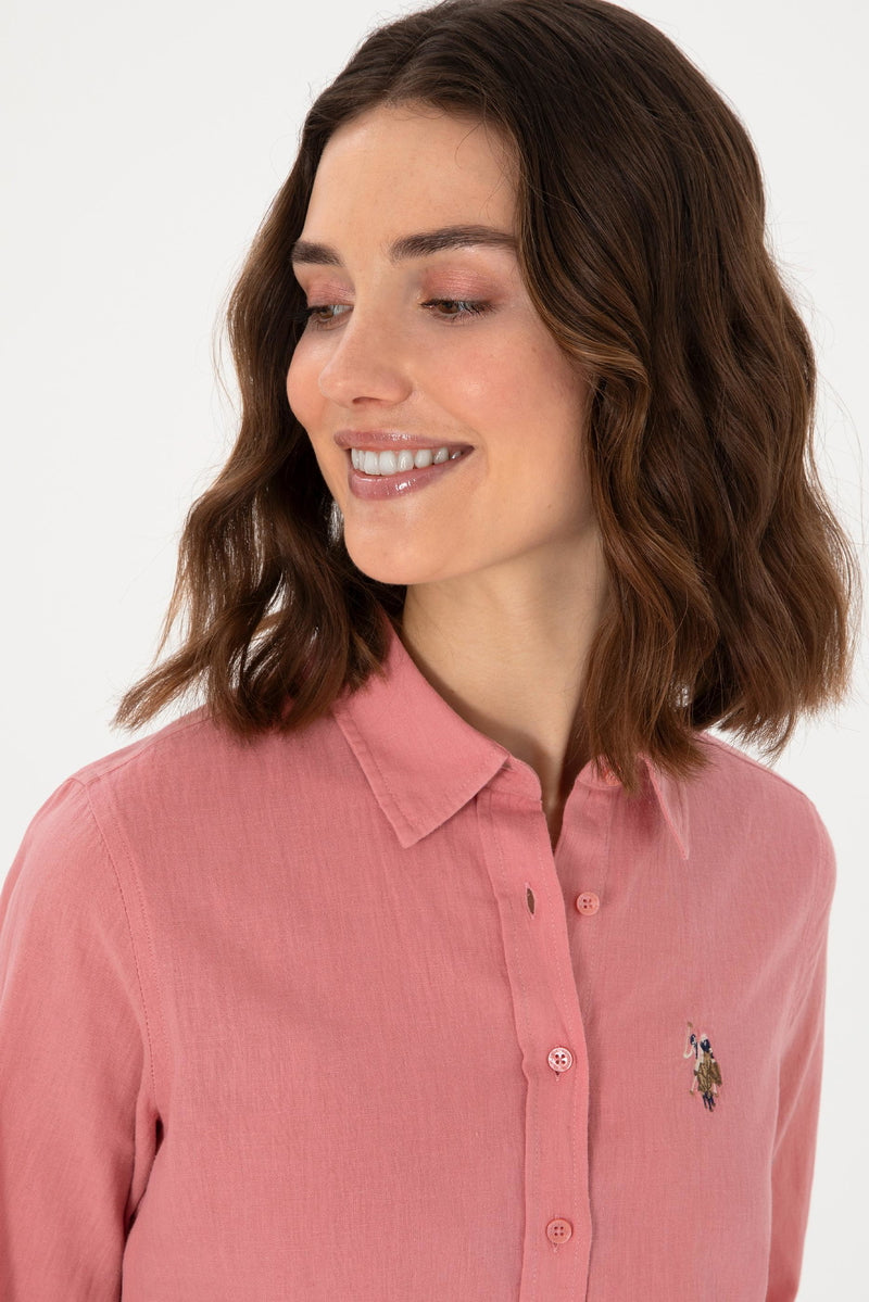 US. POLO ASSN Women's Lilac Linen Blend Long Sleeve Basic Shirt