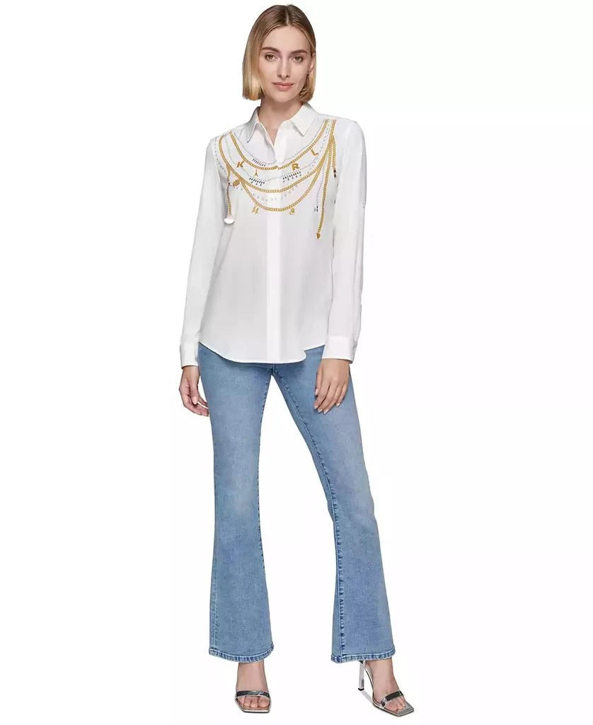 KARL LAGERFELD PARIS Women's Chain-Printed Button-Front Top, Regular & Petite