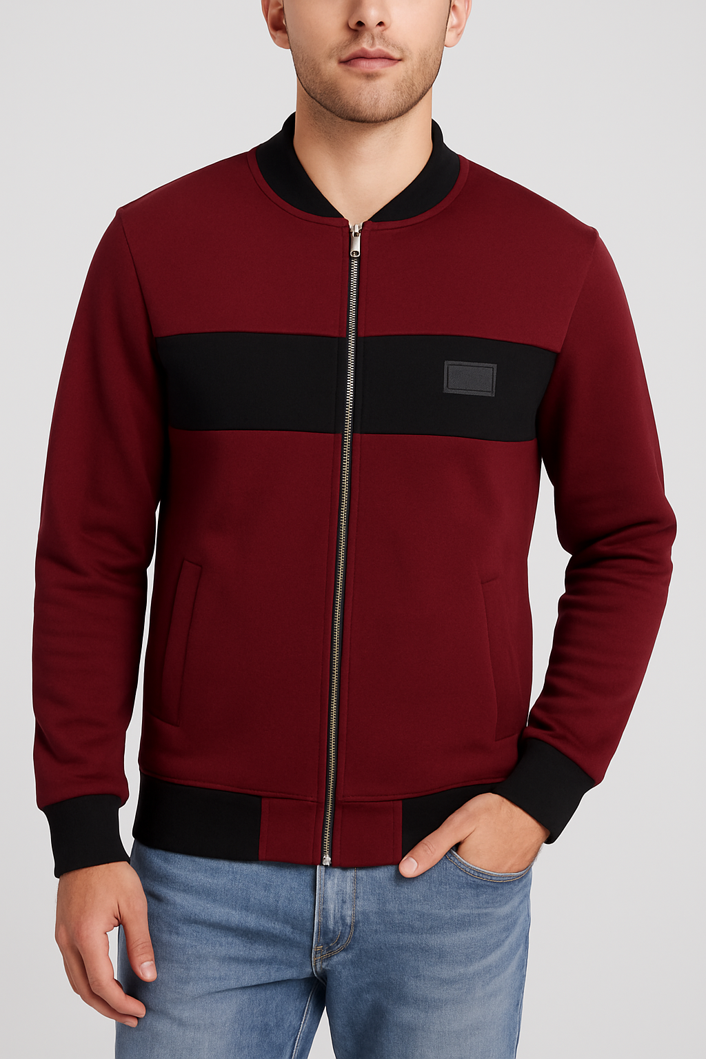 GUESS Men's Burgundy and Black Colorblock Bomber Jacket