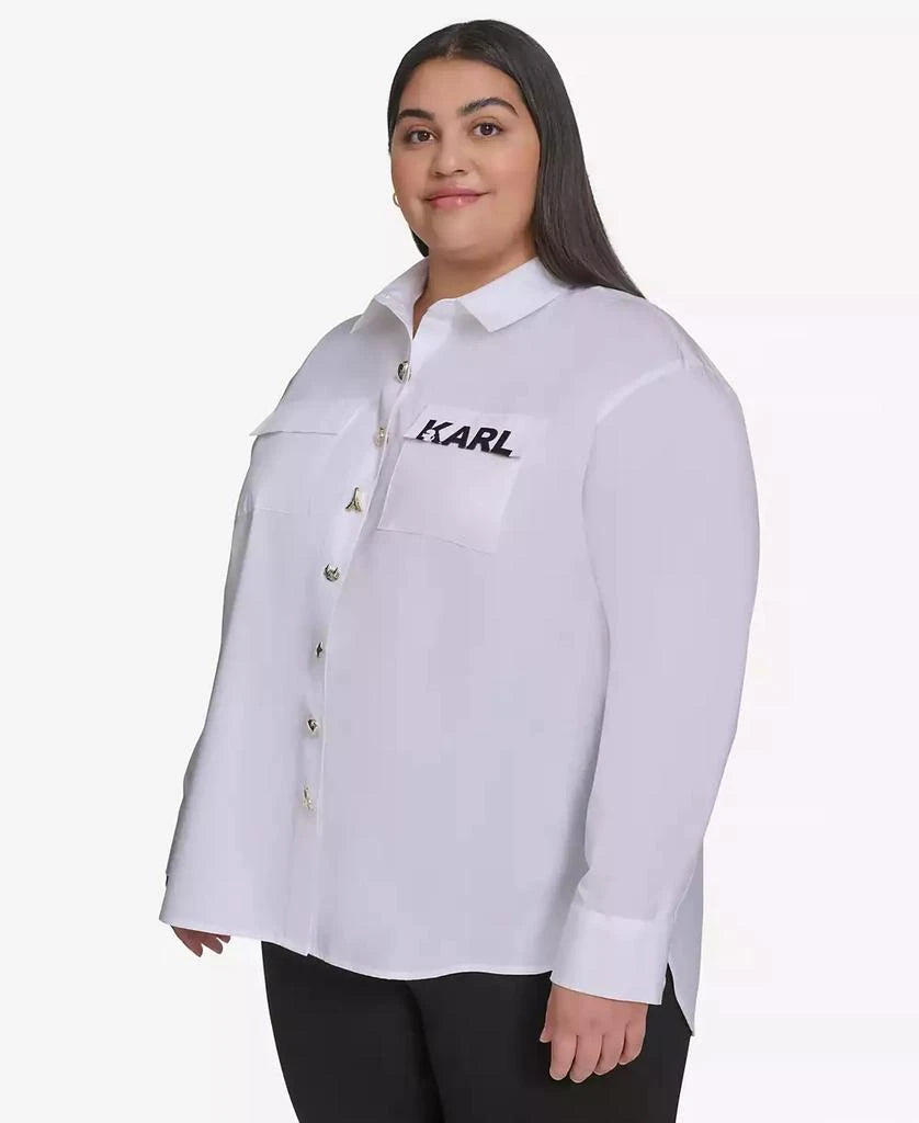 KARL LAGERFELD PARIS Plus Size Cotton Poplin Motif Button-Up Shirt, Exclusively at Macy's