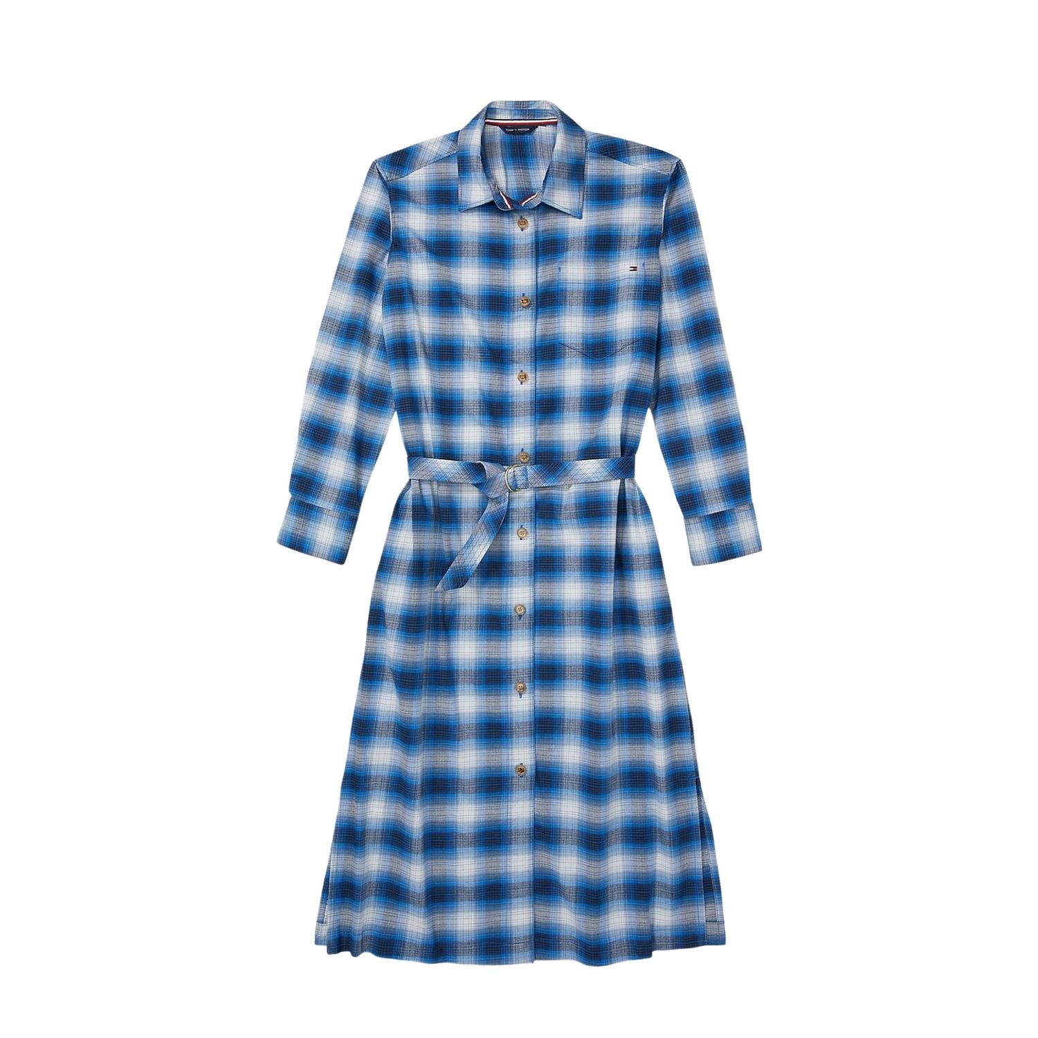 TOMMY HILFIGER Women Plaid Belted Shirt Dress, Blue Combo