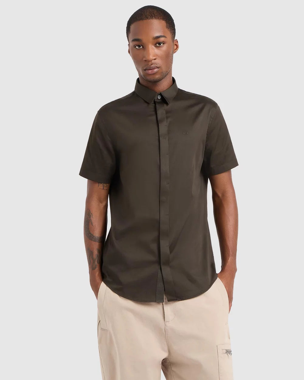 ARMANI EXCHANGE Slim-fit shirt with short sleeves in stretch satin