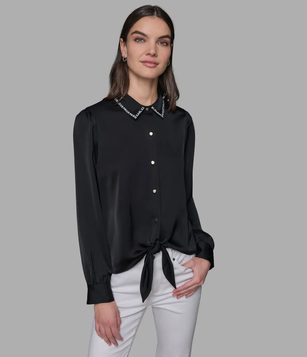 KARL LAGERFELD PARIS LONG SLEEVE EMBROIDERED COLLAR BLOUSE