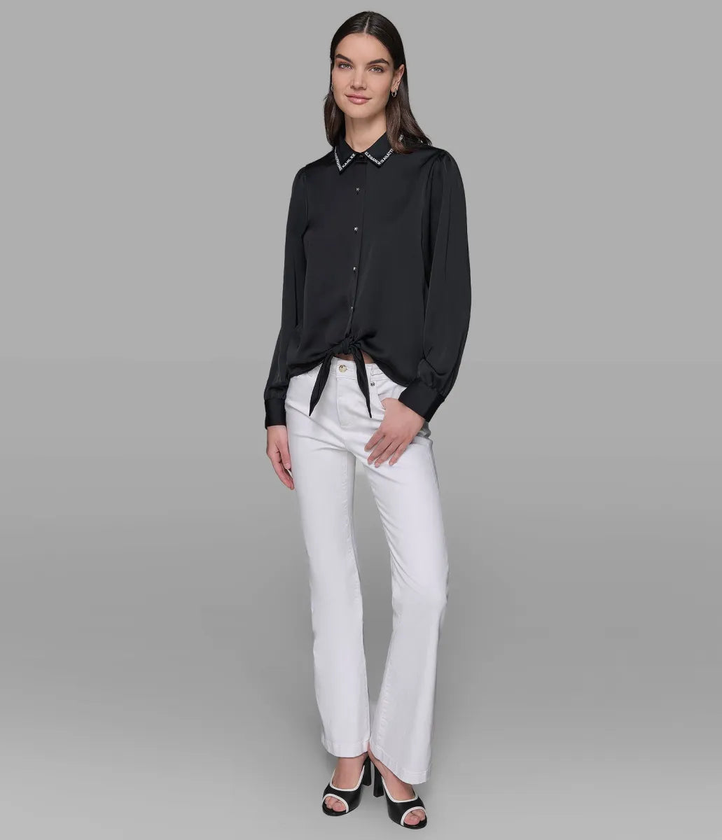 KARL LAGERFELD PARIS LONG SLEEVE EMBROIDERED COLLAR BLOUSE