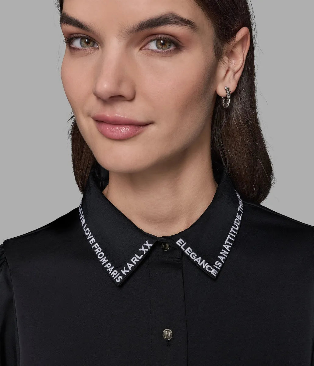 KARL LAGERFELD PARIS LONG SLEEVE EMBROIDERED COLLAR BLOUSE