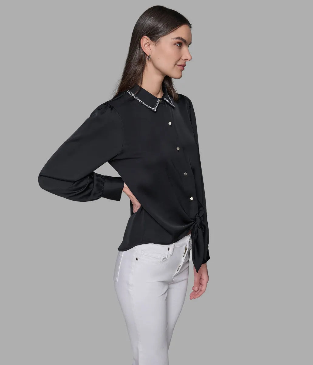 KARL LAGERFELD PARIS LONG SLEEVE EMBROIDERED COLLAR BLOUSE